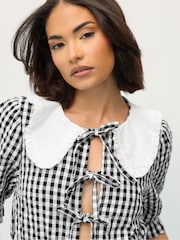 PixieGirl Petite Black 100% Cotton Gingham Collar Tie Front Top - Image 5 of 6