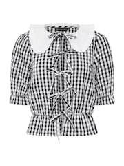 PixieGirl Petite Black 100% Cotton Gingham Collar Tie Front Top - Image 6 of 6