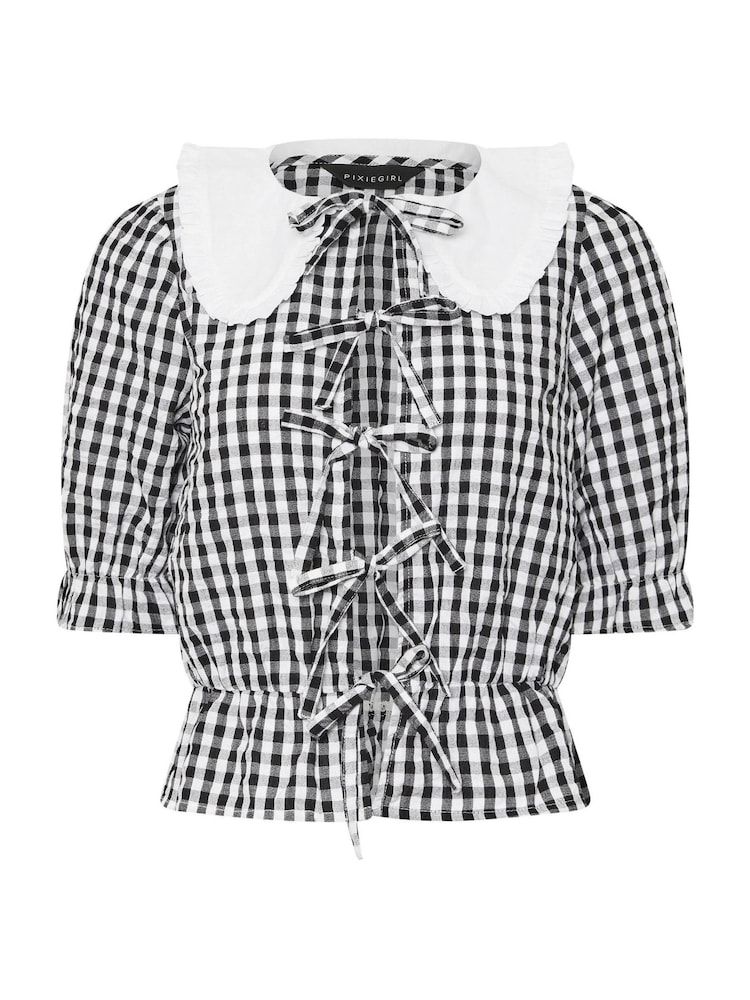 PixieGirl Petite Black 100% Cotton Gingham Collar Tie Front Top - Image 6 of 6