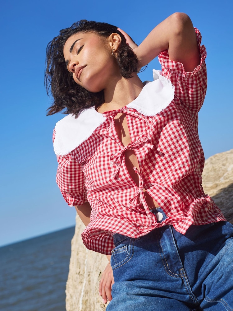 Vermelho - PixieGirl Petite 100% Cotton Gingham Collar Tie Front Top - Imagem 1 de 4