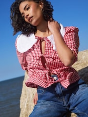 Vermelho - PixieGirl Petite 100% Cotton Gingham Collar Tie Front Top - Imagem 2 de 4
