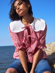 Vermelho - PixieGirl Petite 100% Cotton Gingham Collar Tie Front Top - Imagem 3 de 4