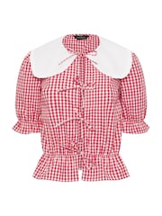 Vermelho - PixieGirl Petite 100% Cotton Gingham Collar Tie Front Top - Imagem 4 de 4