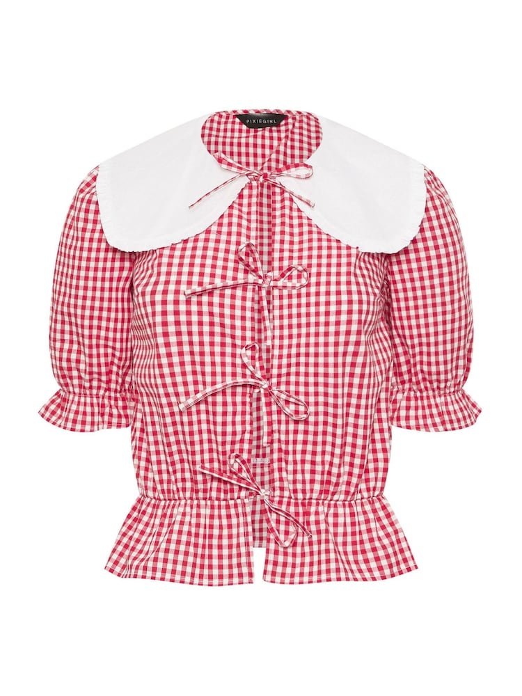Vermelho - PixieGirl Petite 100% Cotton Gingham Collar Tie Front Top - Imagem 4 de 4