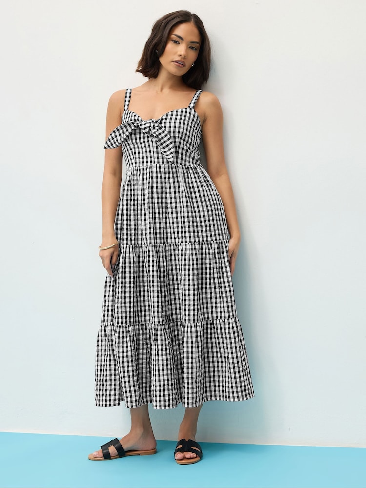 PixieGirl Petite Black Gingham Tie Front 100% Cotton Maxi Dress - Image 1 of 5