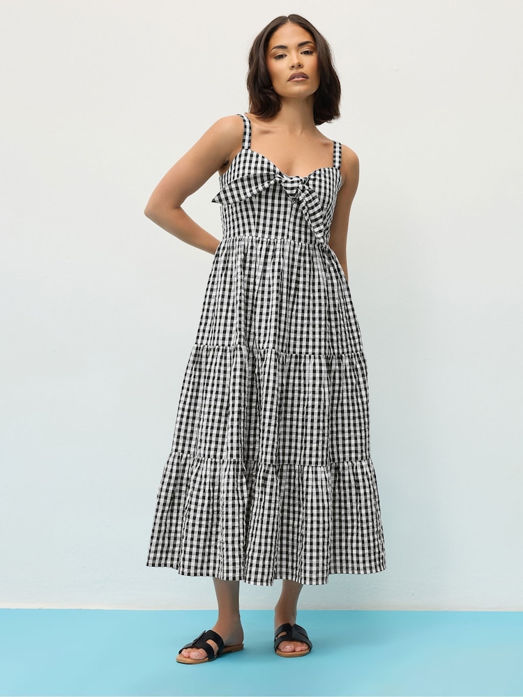 PixieGirl Petite Black Gingham Tie Front 100% Cotton Maxi Dress - Image 2 of 5