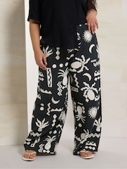 Yours Curve Black Printed Washed Twill Trousers - Image 1 of 5
