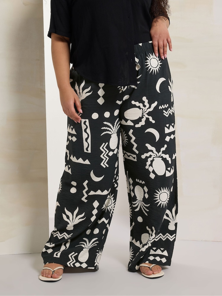 Yours Curve Black Printed Washed Twill Trousers - Image 1 of 5