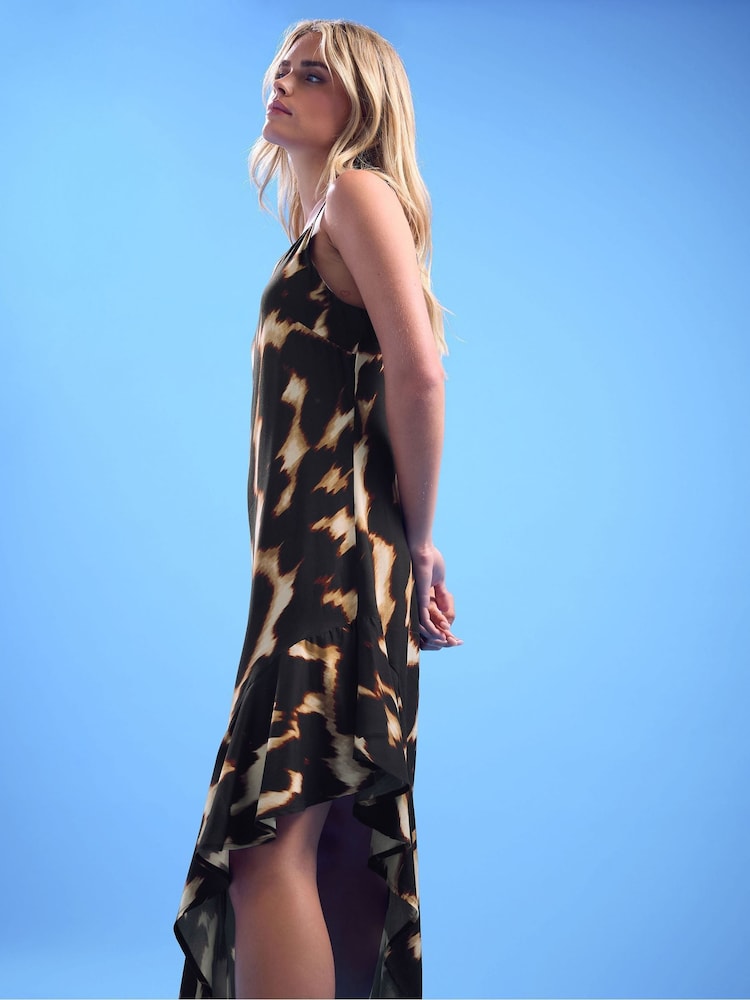 PixieGirl Petite Brown Abstract Animal Frill Hem Dress - Image 2 of 6