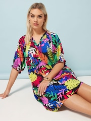 Yours Curve Multi Tropical Notch Neck Dress - Image 1 of 5