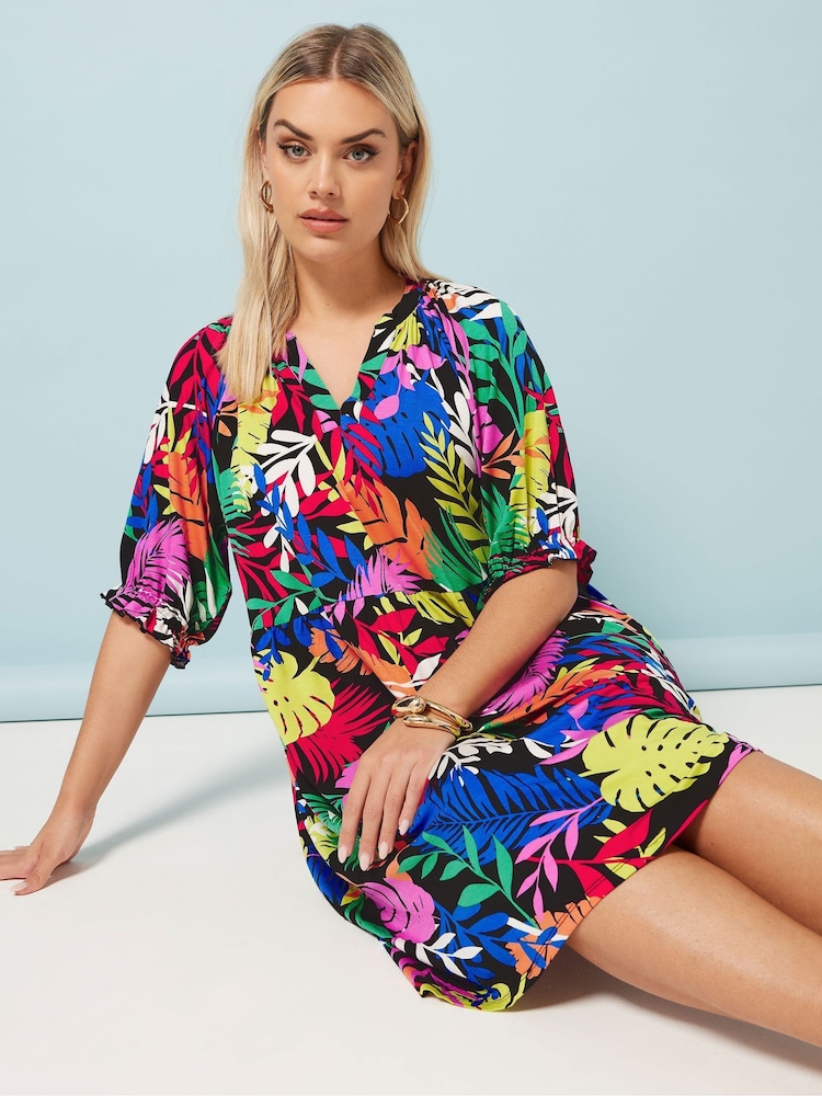 Yours Curve Multi Tropical Notch Neck Dress - Image 1 of 5