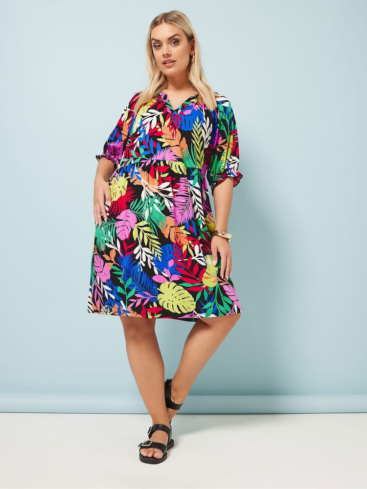 Yours Curve Multi Tropical Notch Neck Dress - Image 2 of 5
