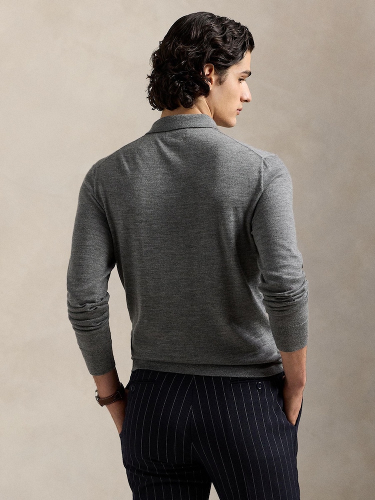 Polo Ralph Lauren Grey Merino Wool Long Sleeve Polo Shirt - Image 2 of 5