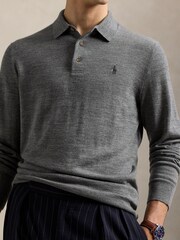 Polo Ralph Lauren Grey Merino Wool Long Sleeve Polo Shirt - Image 4 of 5