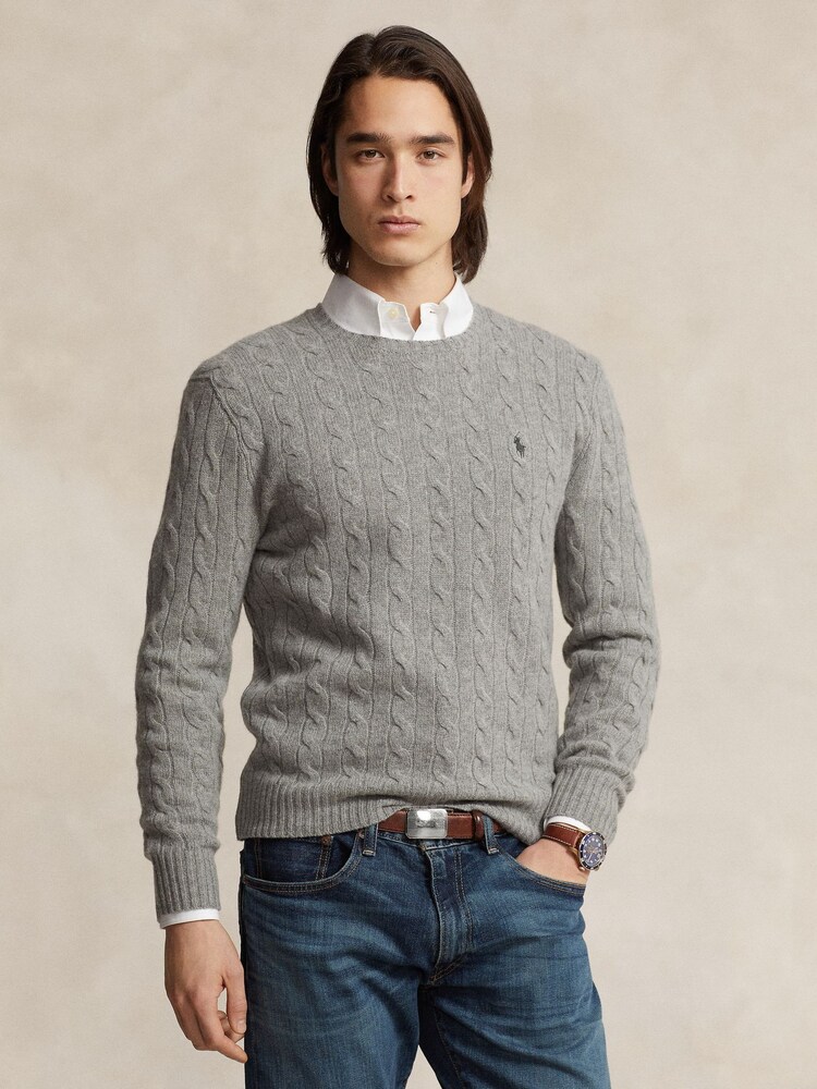 Polo Ralph Lauren Grey Wool Cashmere Cable Knit Crewneck Jumper - Image 1 of 6