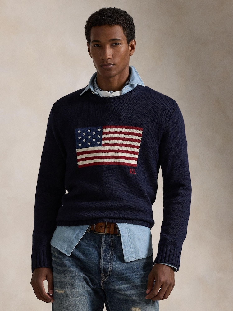 Polo Ralph Lauren Blue Polo Flag Crewneck Jumper - Image 1 of 7 Polo Ralph Lauren Blue Polo Flag Crewneck Jumper - Image 1 of 7