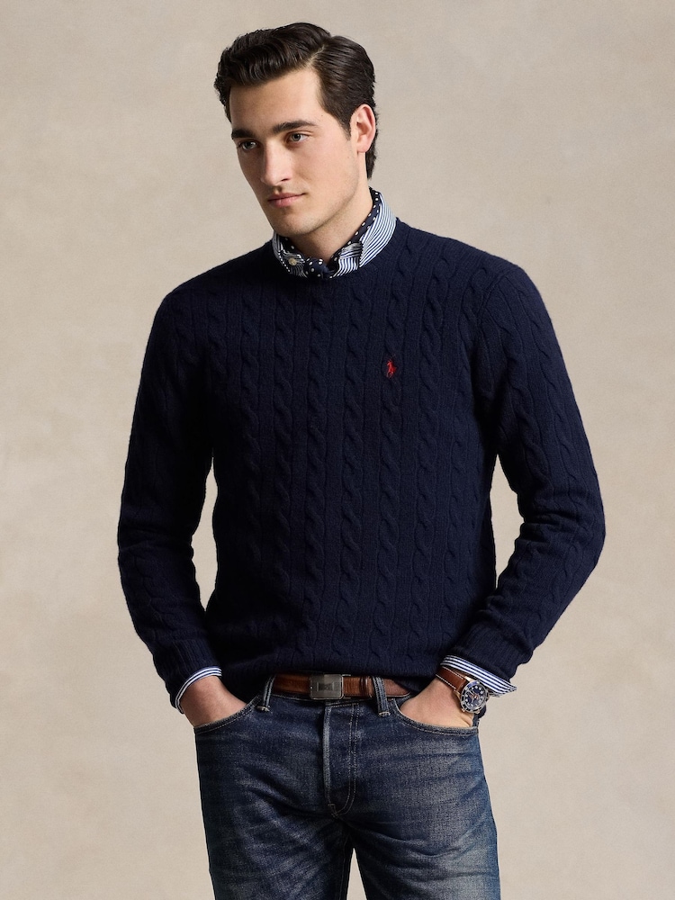 Polo Ralph Lauren Blue Wool Cashmere Cable Knit Crew Neck Jumper - Image 1 of 6