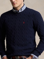 Polo Ralph Lauren Blue Wool Cashmere Cable Knit Crew Neck Jumper - Image 5 of 6