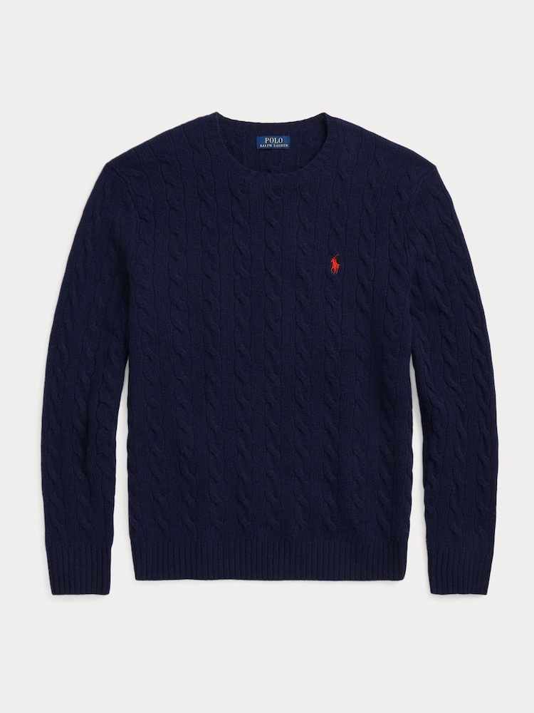 Polo Ralph Lauren Blue Wool Cashmere Cable Knit Crew Neck Jumper - Image 6 of 6
