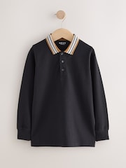Black/Tan Stripe Tipped Collar Long Sleeve Polo Shirt (3-16yrs) - Image 1 of 4