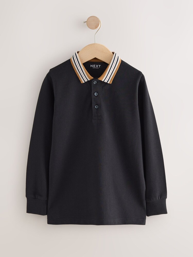 Black/Tan Stripe Tipped Collar Long Sleeve Polo Shirt (3-16yrs) - Image 1 of 4