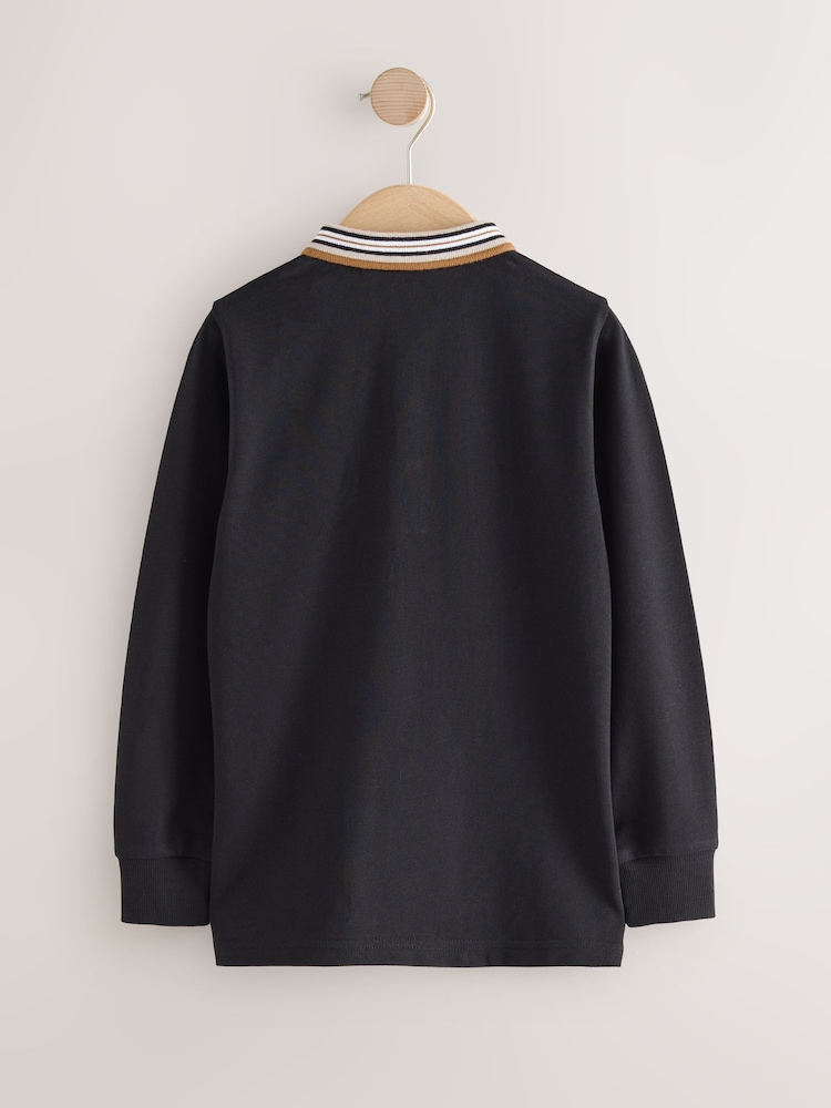 Black/Tan Stripe Tipped Collar Long Sleeve Polo Shirt (3-16yrs) - Image 2 of 4