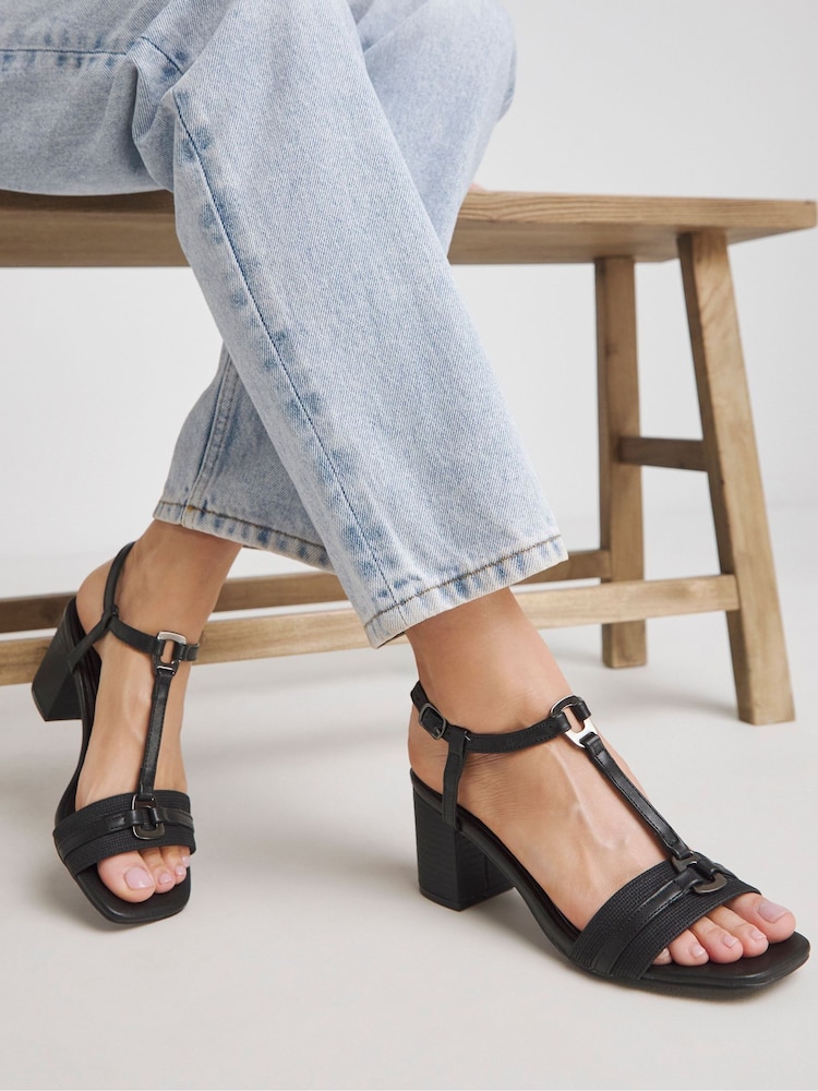 JD Williams Black Extra Wide Fit Low Block Heels T Bar Sandals - Image 1 of 4