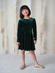 أخضر داكن - Long Sleeve Velvet Dress (3-16yrs) - صورة 2 من 7