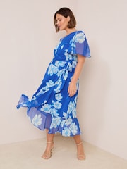 Friends Like These Cobalt Blue Curve Chiffon Mix Flutter Sleeve Wrap Dress - Image 1 of 4