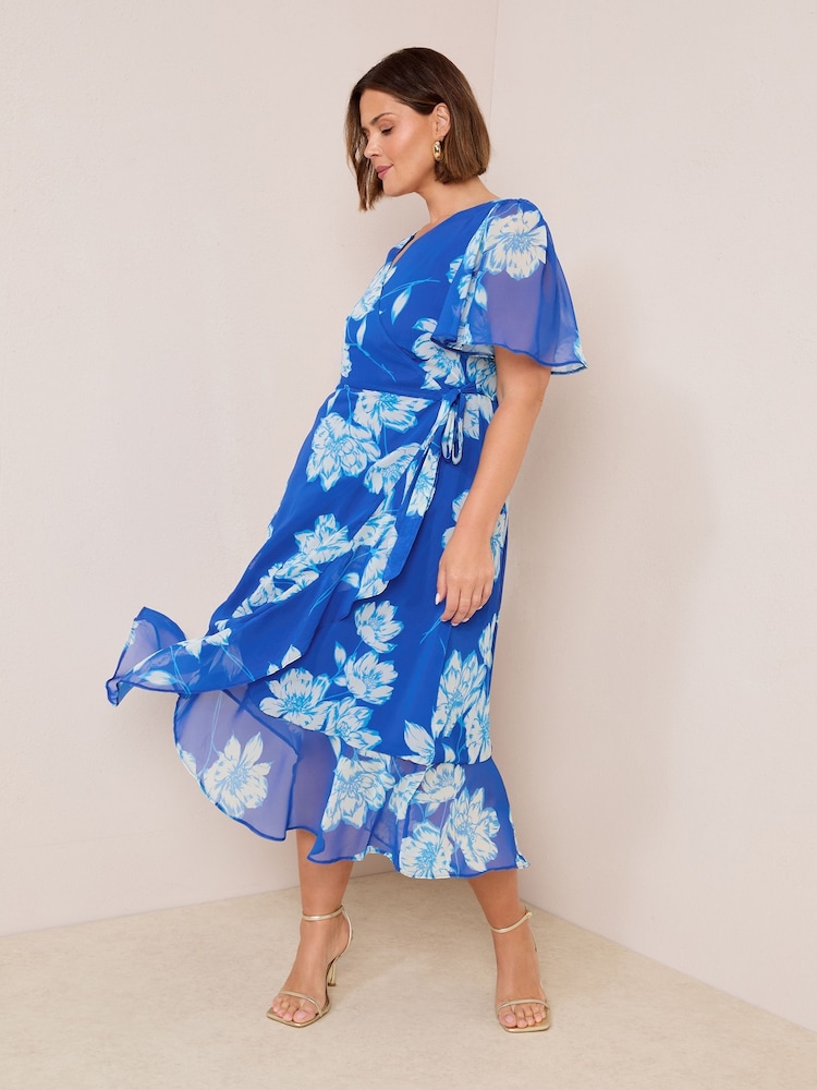 Friends Like These Cobalt Blue Curve Chiffon Mix Flutter Sleeve Wrap Dress - Image 1 of 4