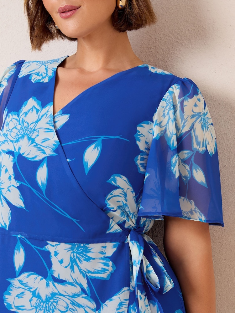 Friends Like These Cobalt Blue Curve Chiffon Mix Flutter Sleeve Wrap Dress - Image 2 of 4