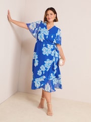 Friends Like These Cobalt Blue Curve Chiffon Mix Flutter Sleeve Wrap Dress - Image 3 of 4