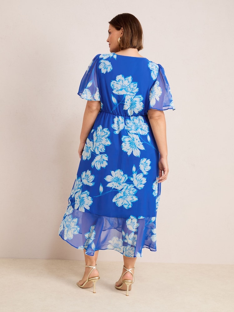 Friends Like These Cobalt Blue Curve Chiffon Mix Flutter Sleeve Wrap Dress - Image 4 of 4