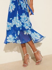 Friends Like These Cobalt Blue Chiffon Mix Flutter Sleeve Wrap Dress - Image 2 of 4