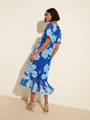 Friends Like These Cobalt Blue Chiffon Mix Flutter Sleeve Wrap Dress - Image 4 of 4