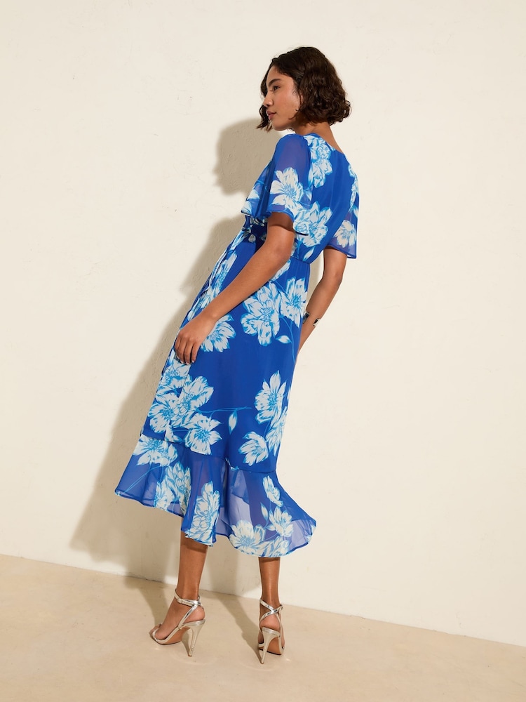 Friends Like These Cobalt Blue Chiffon Mix Flutter Sleeve Wrap Dress - Image 4 of 4