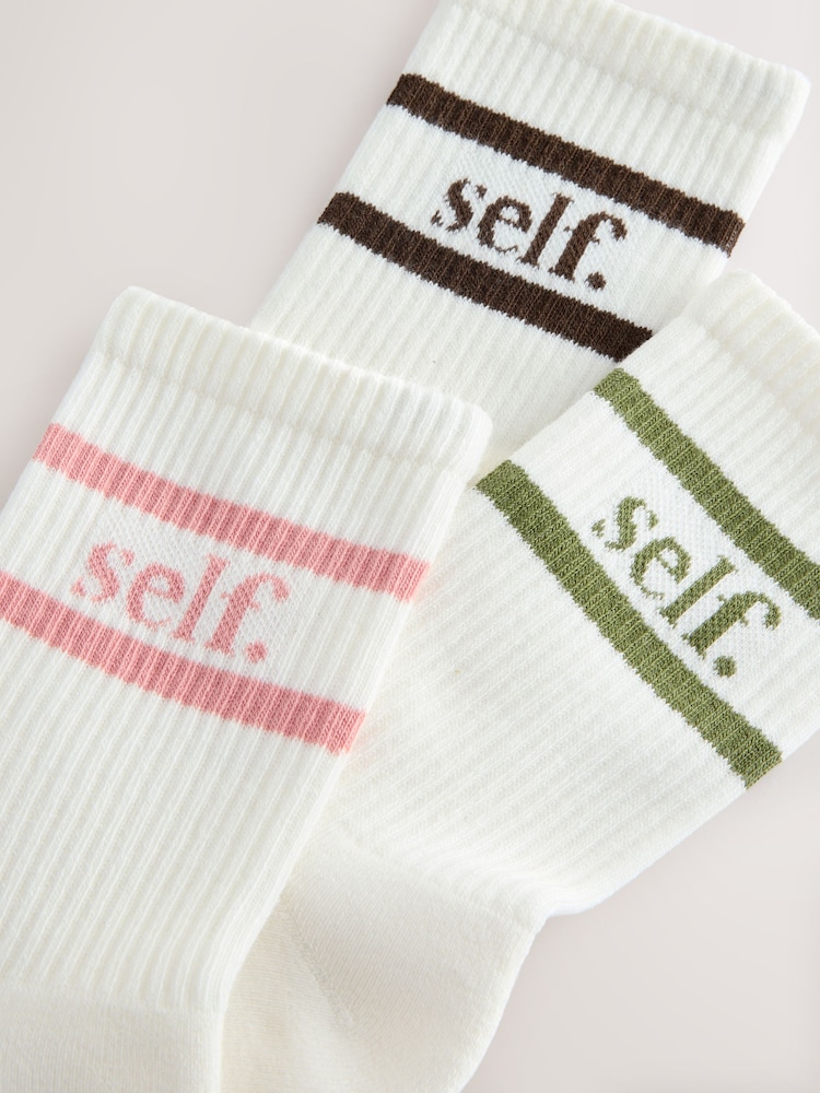self. Cream/ Pink/ Chocolate/ Khaki Slogan Cushion Sole Lounge Ankle Socks 3 Pack - Image 6 of 6