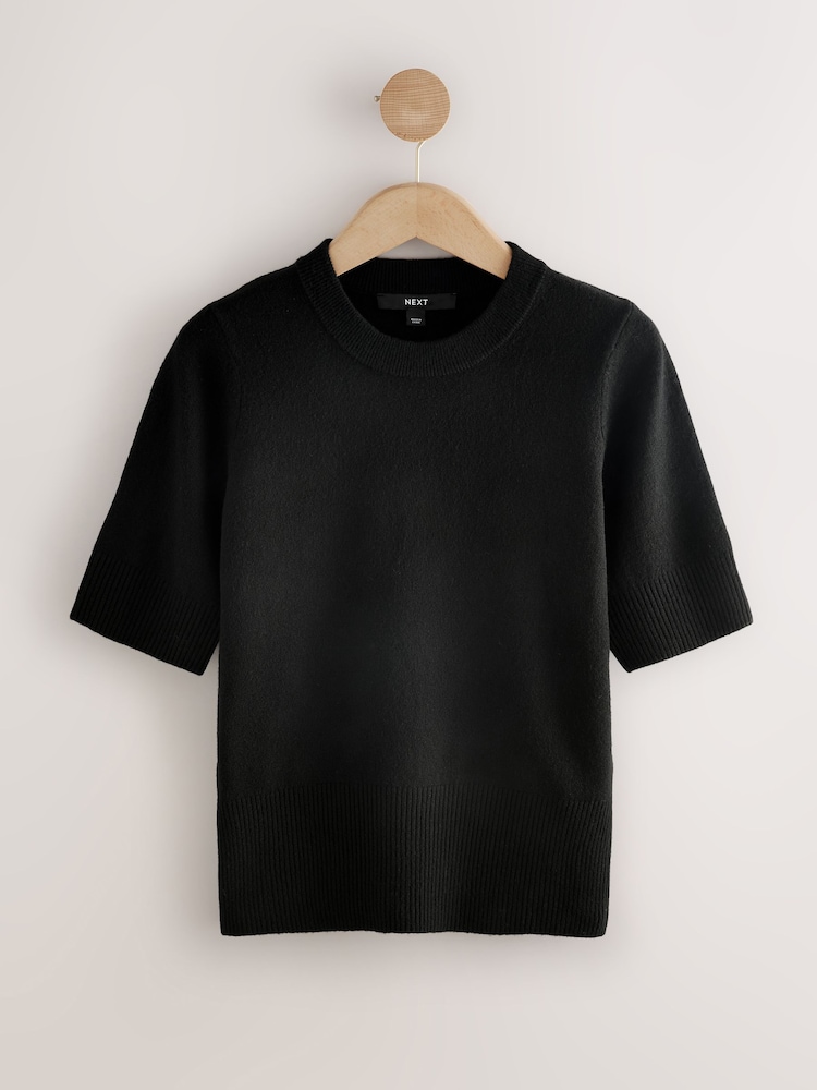 Black Super Soft Short Sleeve Knitted Top - Image 1 of 4 Black Super Soft Short Sleeve Knitted Top - Image 1 of 4
