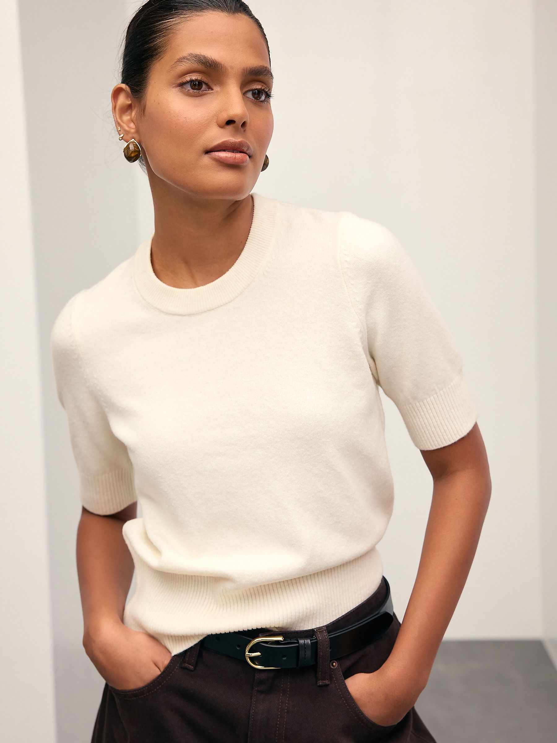 Buy Ecru Supersoft Short Sleeve Knitted Top from Next Oman