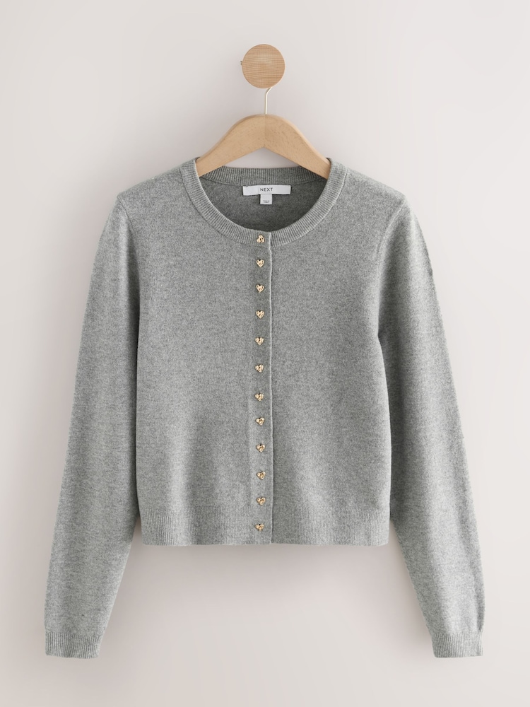 Grey Heart Button Slim Super Soft Crew Neck Cardigan with Wool - Image 1 of 4 Grey Heart Button Slim Super Soft Crew Neck Cardigan with Wool - Image 1 of 4