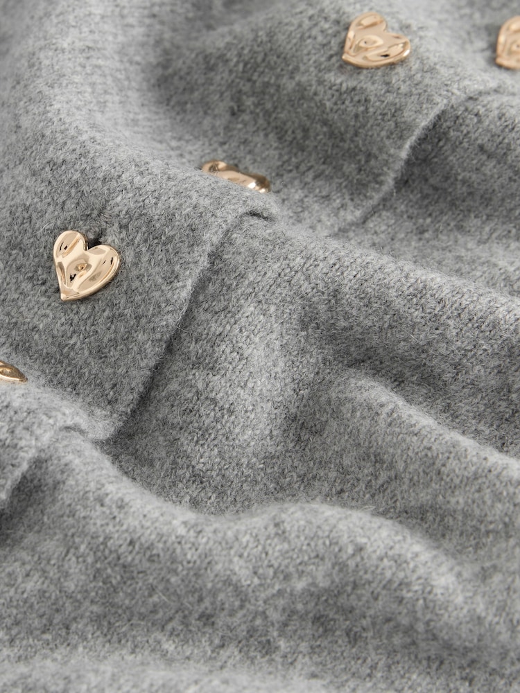 Grey Heart Button Slim Super Soft Crew Neck Cardigan with Wool - Image 2 of 4 Grey Heart Button Slim Super Soft Crew Neck Cardigan with Wool - Image 2 of 4