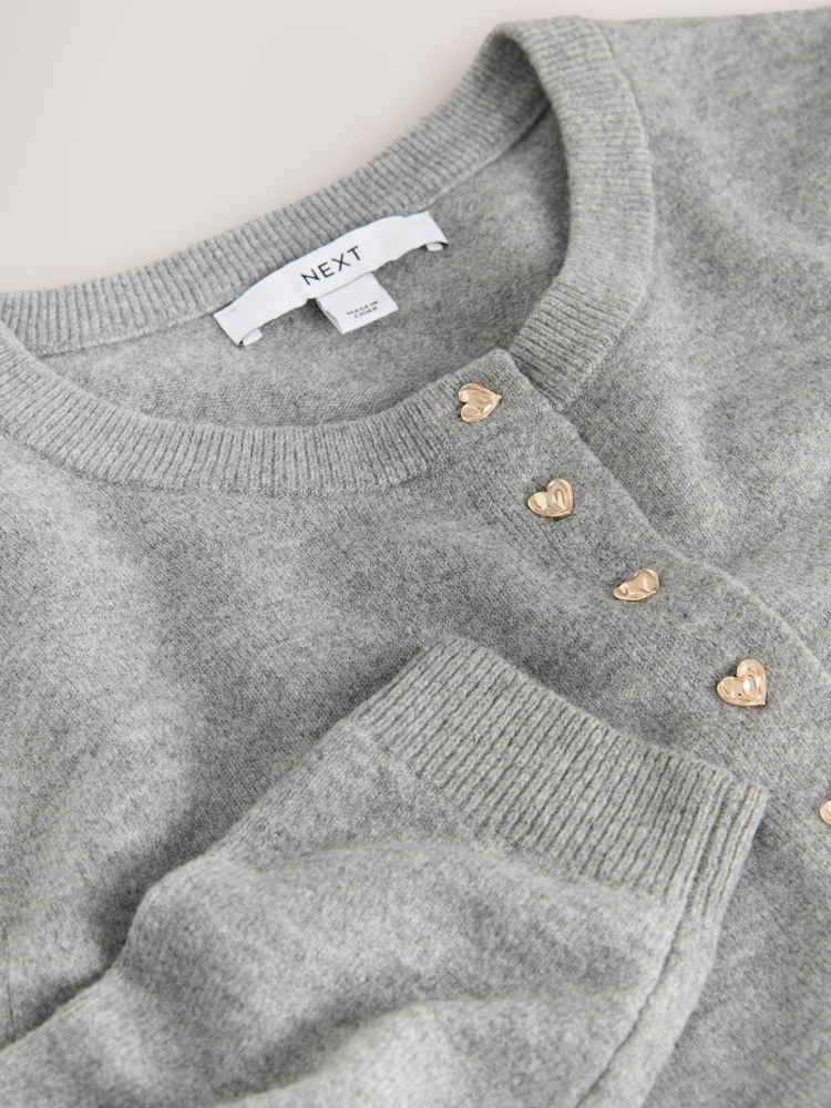 Grey Heart Button Slim Super Soft Crew Neck Cardigan with Wool - Image 9 of 9 Grey Heart Button Slim Super Soft Crew Neck Cardigan with Wool - Image 9 of 9