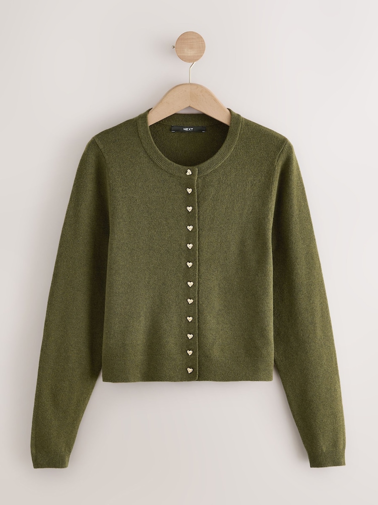Khaki Green Heart Button Slim Super Soft Crew Neck Cardigan with Wool - Image 1 of 4 Khaki Green Heart Button Slim Super Soft Crew Neck Cardigan with Wool - Image 1 of 4
