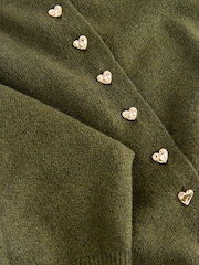 Khaki Green Heart Button Slim Super Soft Crew Neck Cardigan with Wool - Image 3 of 4