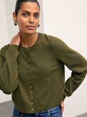 Khaki Green Heart Button Slim Super Soft Crew Neck Cardigan with Wool - Image 7 of 10