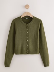 Khaki Green Heart Button Slim Super Soft Crew Neck Cardigan with Wool - Image 8 of 10