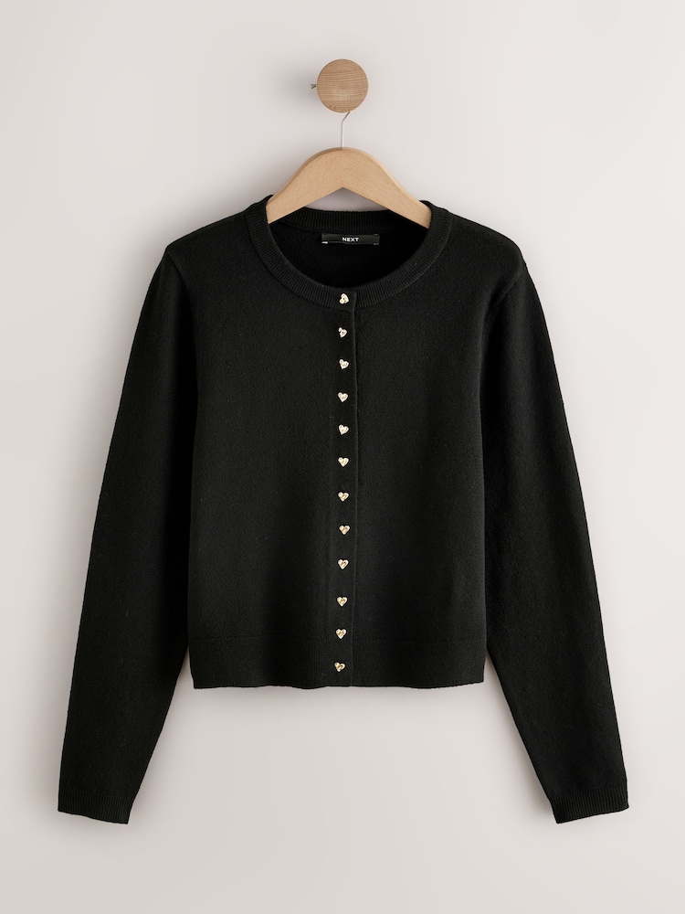 Black Heart Button Slim Super Soft Crew Neck Cardigan with Wool - Image 1 of 4 Black Heart Button Slim Super Soft Crew Neck Cardigan with Wool - Image 1 of 4