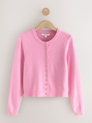 Pink Heart Button Slim Super Soft Crew Neck Cardigan with Wool - Image 1 of 4