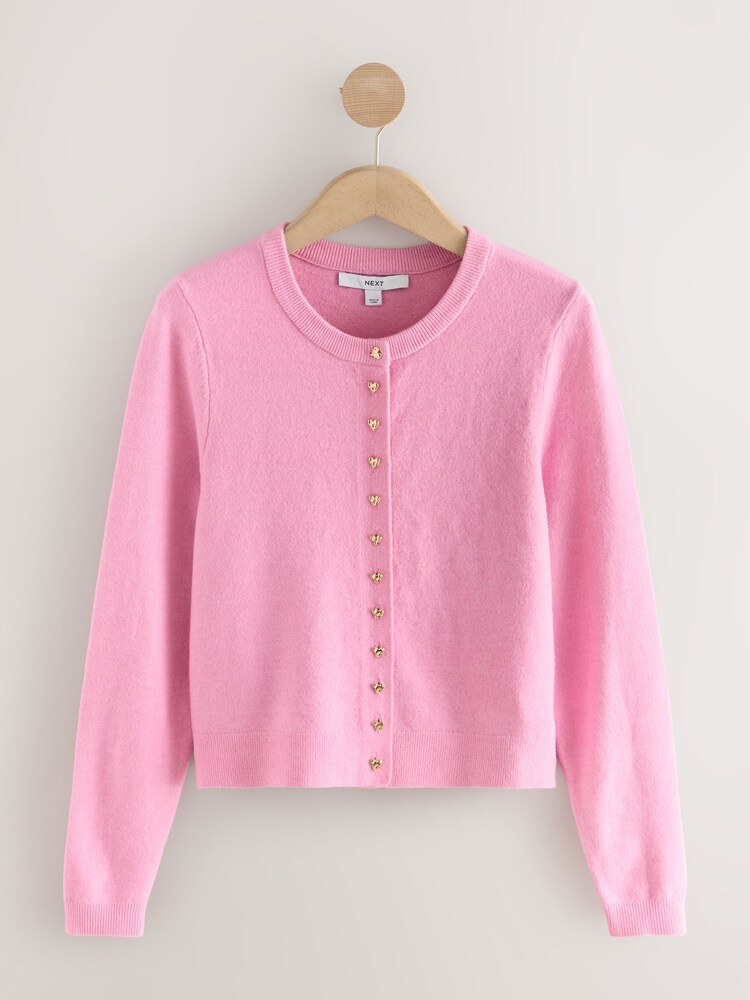 Pink Heart Button Slim Super Soft Crew Neck Cardigan with Wool - Image 1 of 4 Pink Heart Button Slim Super Soft Crew Neck Cardigan with Wool - Image 1 of 4