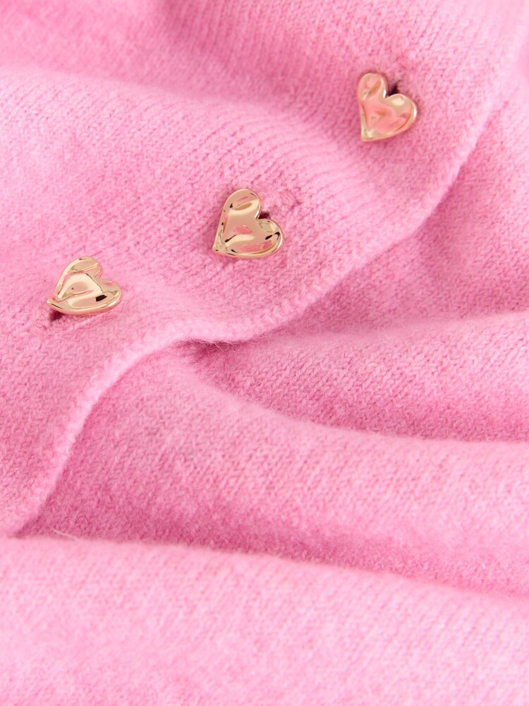Pink Heart Button Slim Super Soft Crew Neck Cardigan with Wool - Image 2 of 4 Pink Heart Button Slim Super Soft Crew Neck Cardigan with Wool - Image 2 of 4